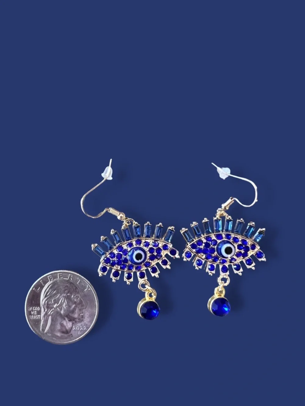 Gold-Tone Evil Eye Drop Earrings with Royal Blue Crystals - Women Jewelry